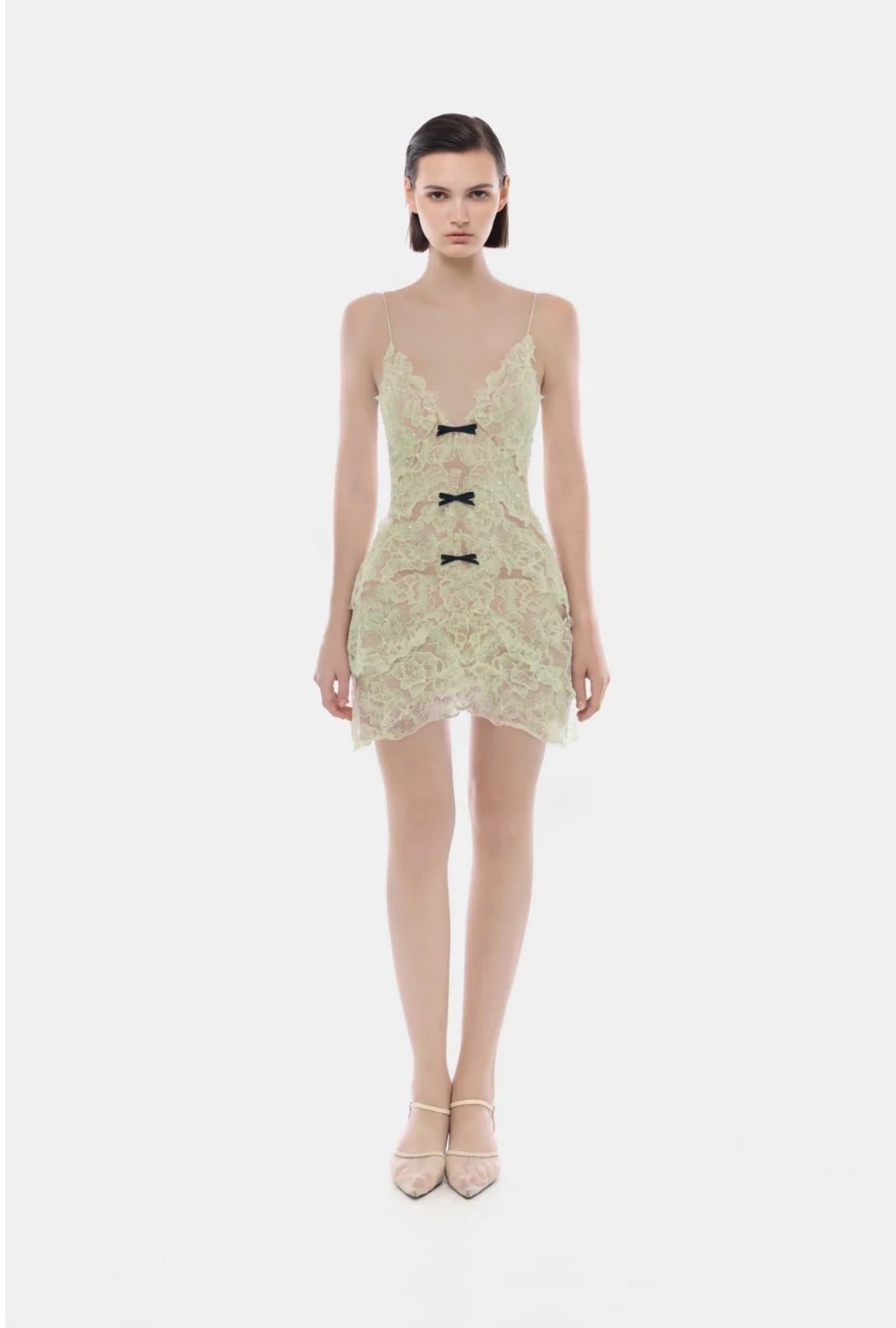 MONTSAND Nude Floral Elegant Bow Vneck Mini Dress