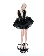Black Feather Deep-V Layered Ruffle Mini Dress