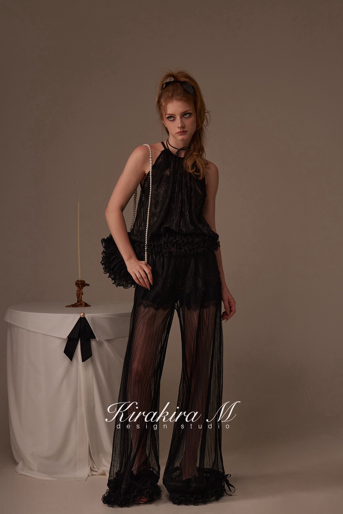 Kirakira M Black Shiny Silk Pleated Lace Hanging Neck Top & Lace Low Rise Trousers & Lace Shorts