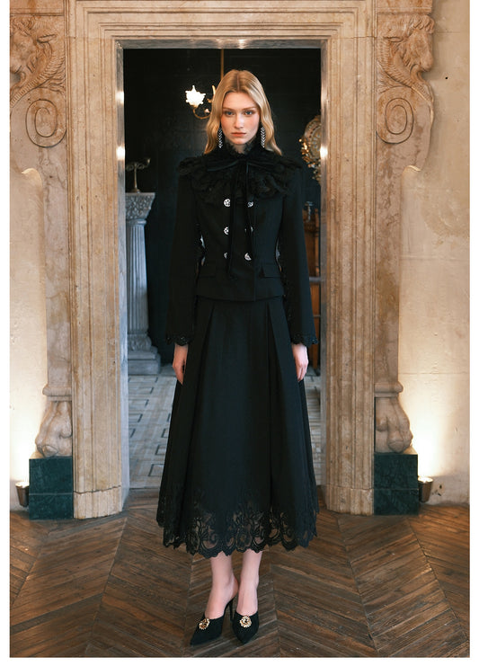 SHEERLUCK Black Mirage Vintage Stand Collar Lace & Diamond-embellished Jacket & Skirt