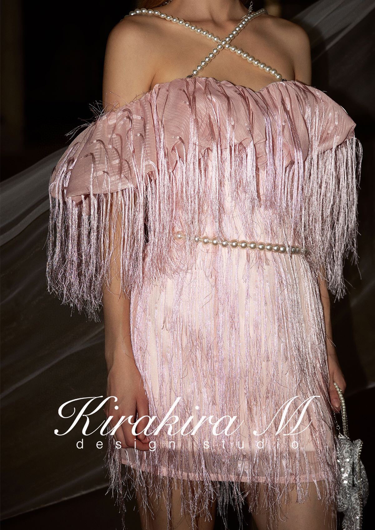 kirakira M Pink Fringed Backless Gown mini Dress