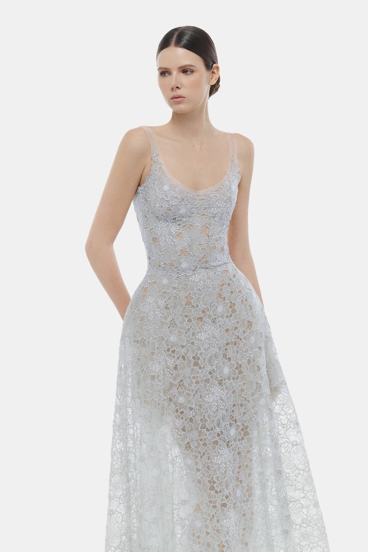 MONTSAND Nude Flower Lace Midi Dress