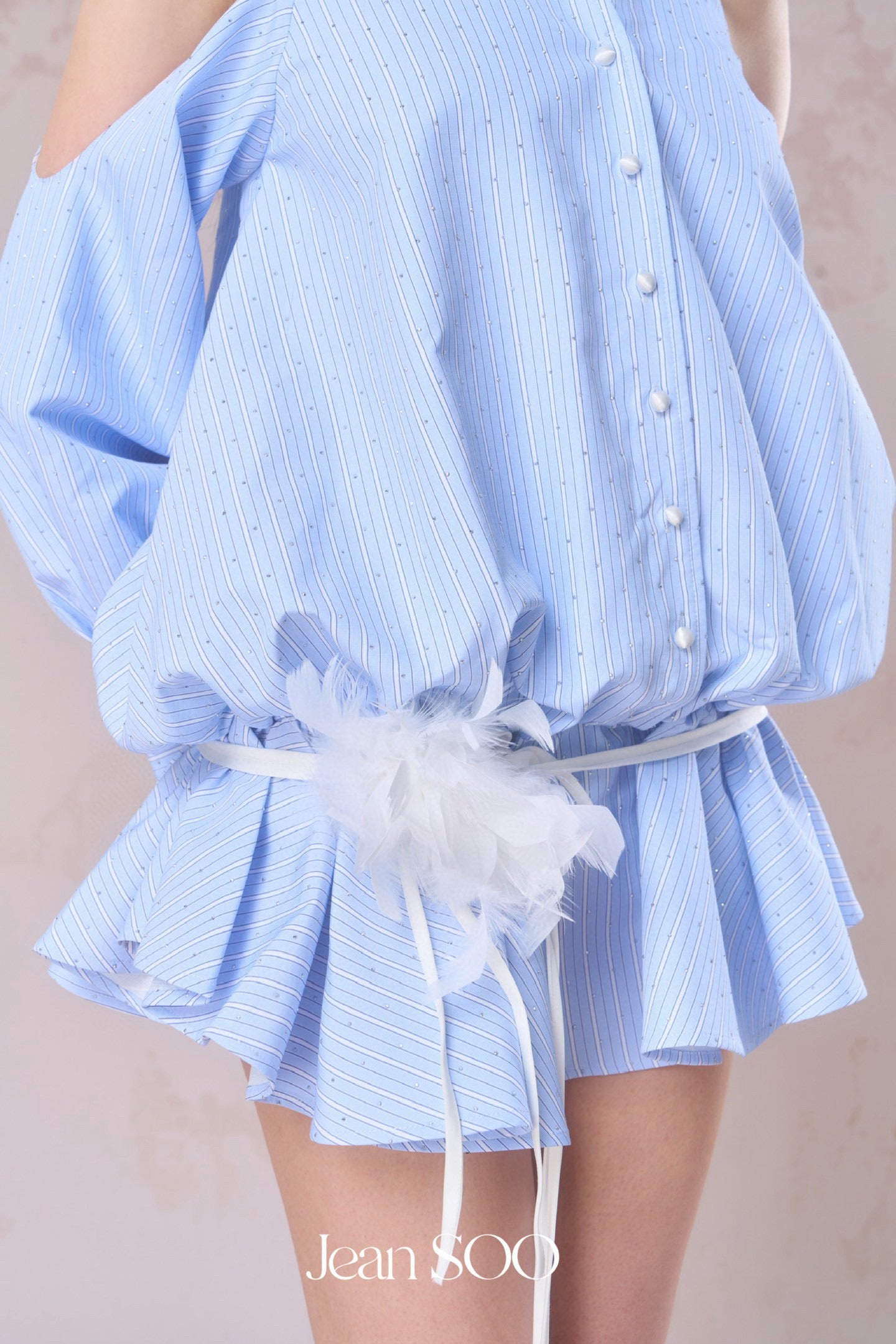 JEAN SOO Blue Studded Diamonds Strapless Low Waist Mini Dress