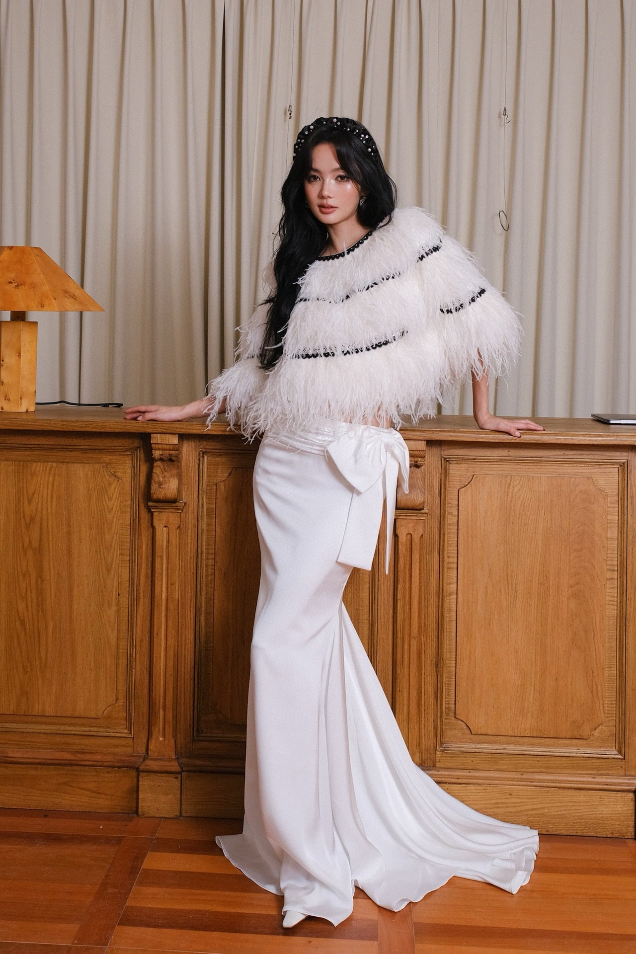 Maison Wester White Ostrich Fur Shawl Maxi Dress