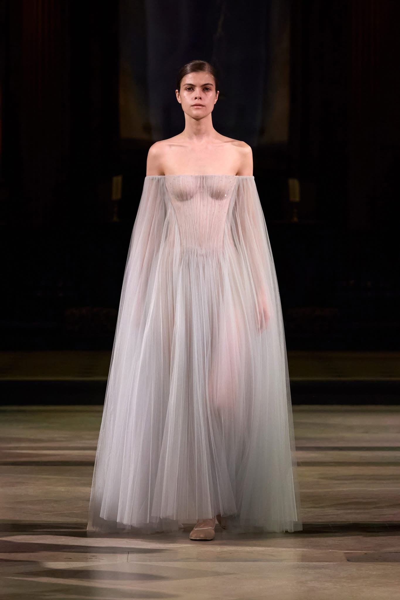 MONTSAND Baby Blue Vacation Elegant Tulle Off-shoulder Maxi Dress