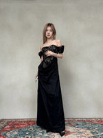 Black Strapless Off-Shoulder Lace Sheer Corset Satin Draped Maxi Dress