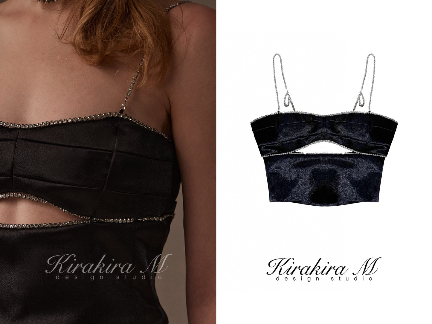 Kirakira M Black Rhinestone Hollow Out Top &Tulle Skirt