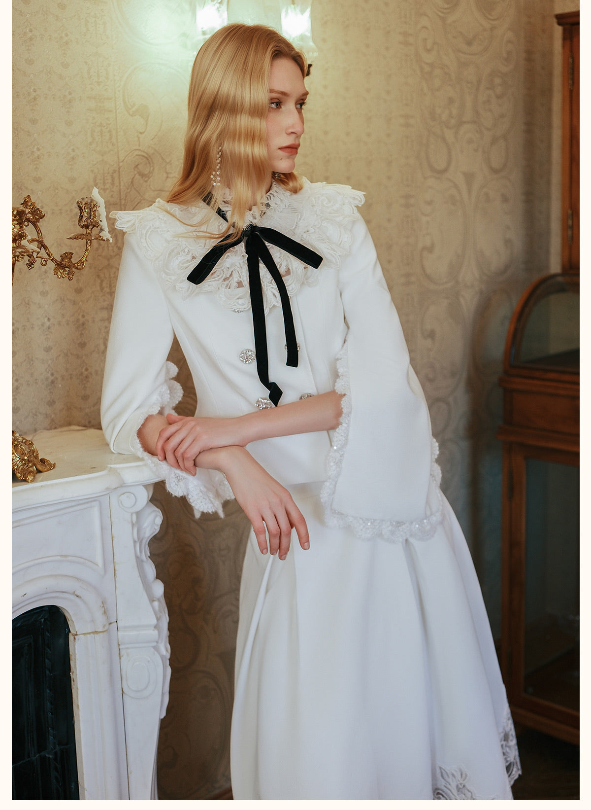 SHEERLUCK Black Mirage Vintage Stand Collar Lace & Diamond-embellished Jacket & Skirt