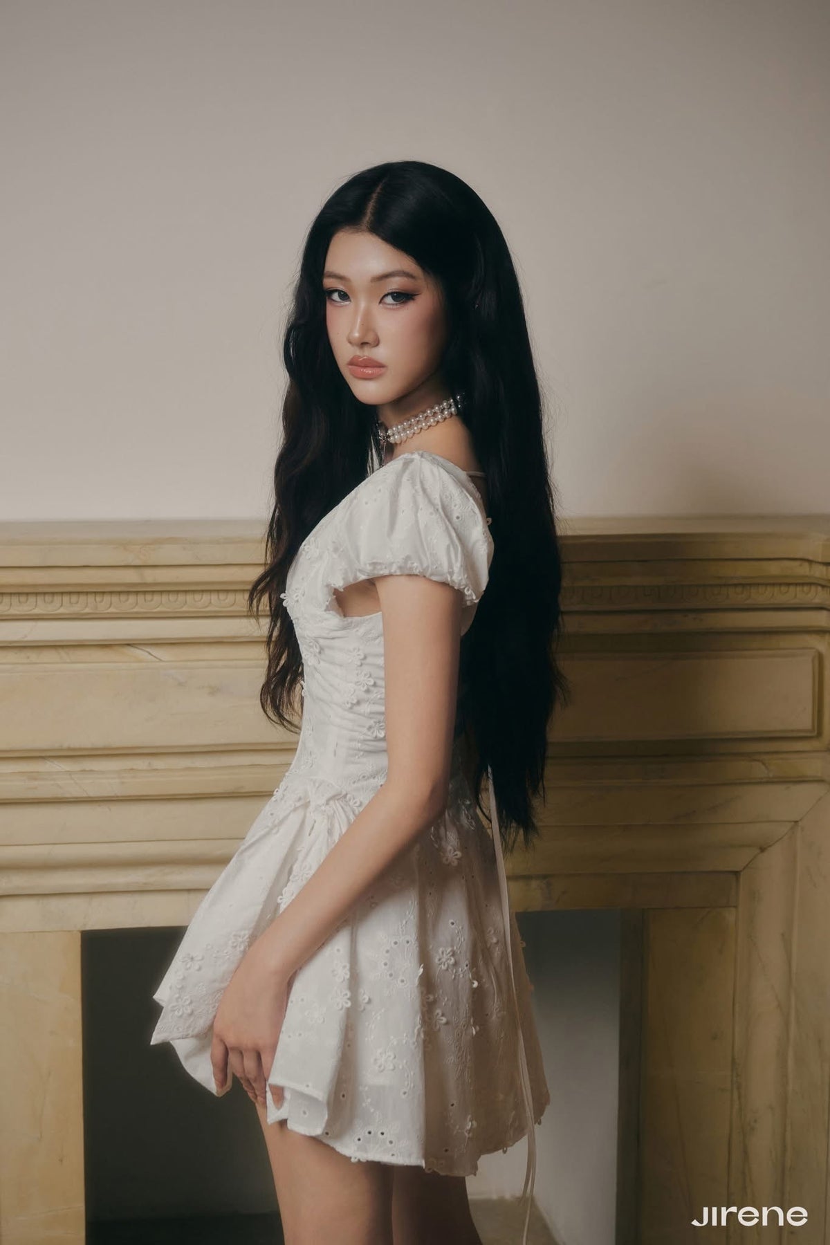 White Textured Puff‑Sleeve V‑Neck Mini Dress