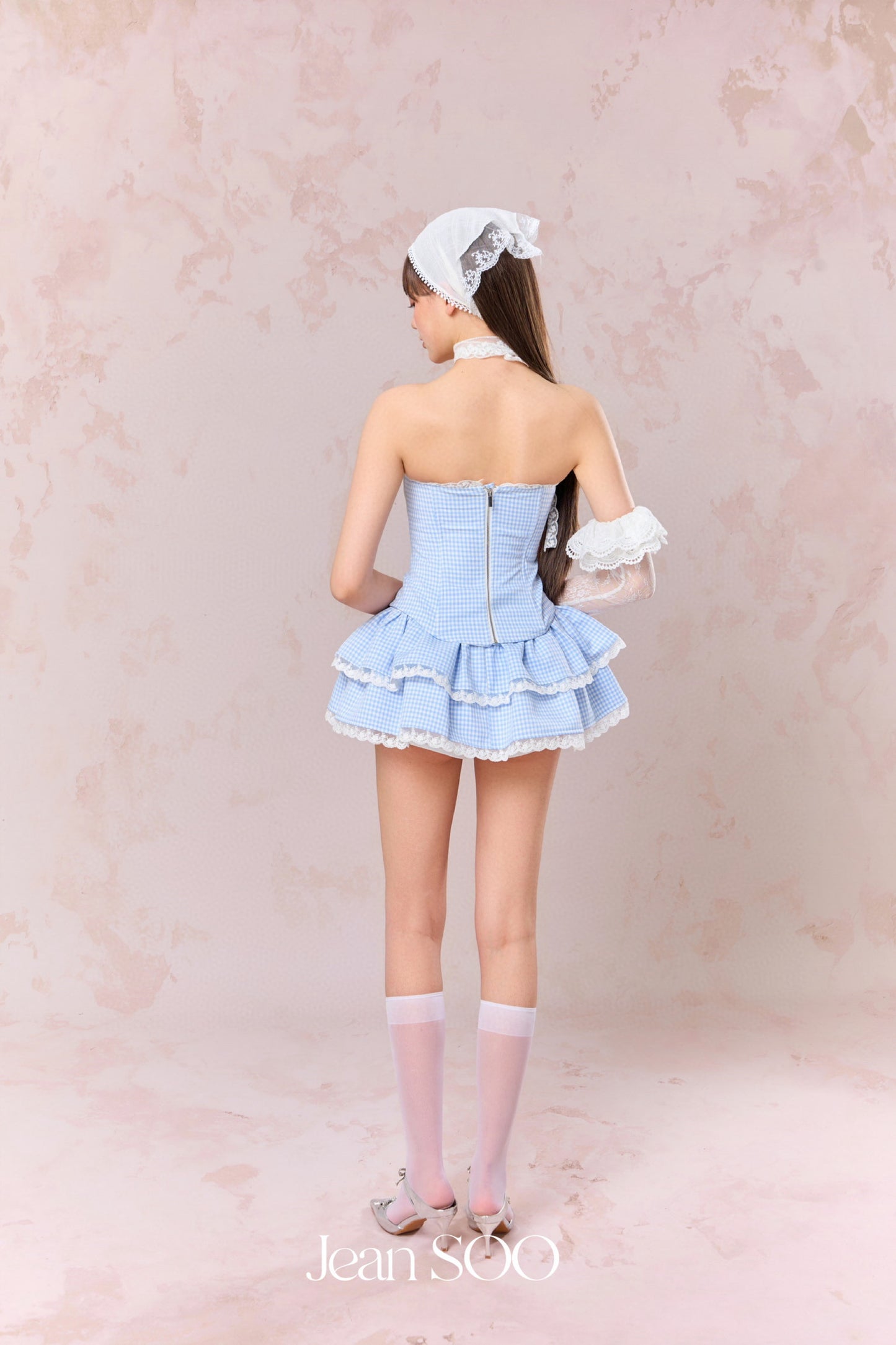 JEAN SOO Blue Plaid Fishbone Top & Lace Cake Mini Skirt