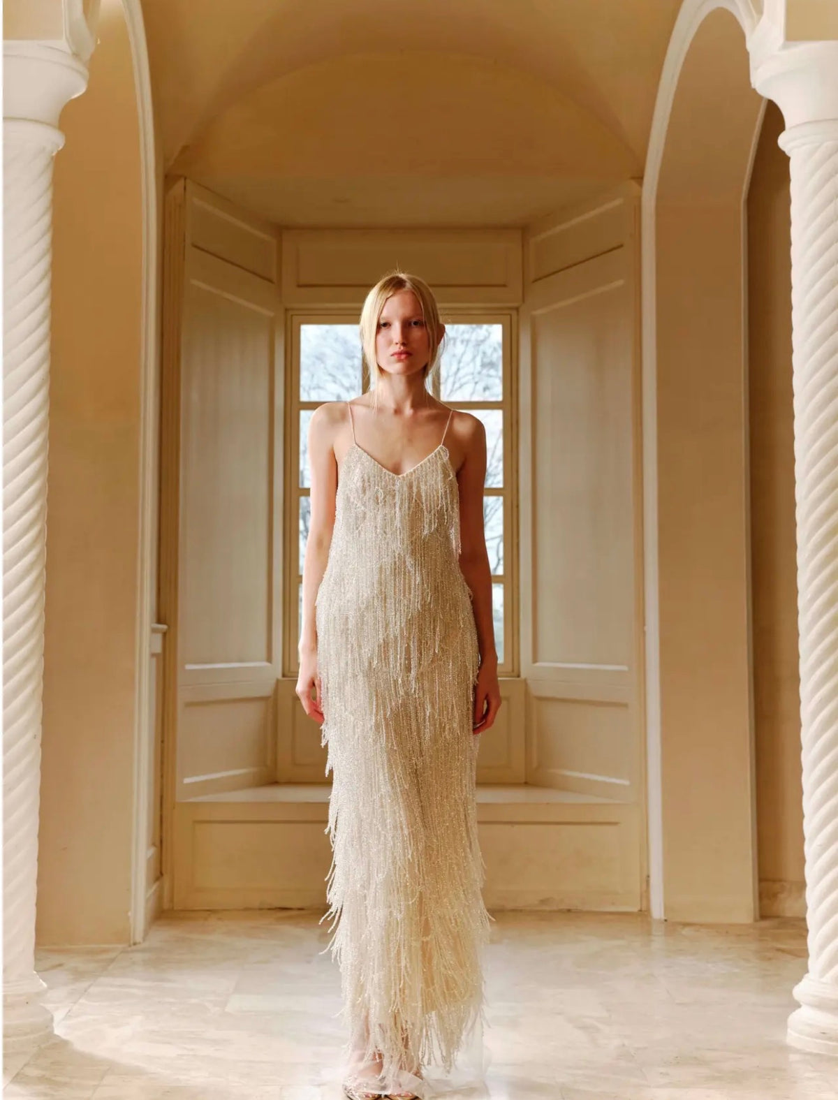 White Thin Strap Fringe Sequin V‑Neck Maxi Dress