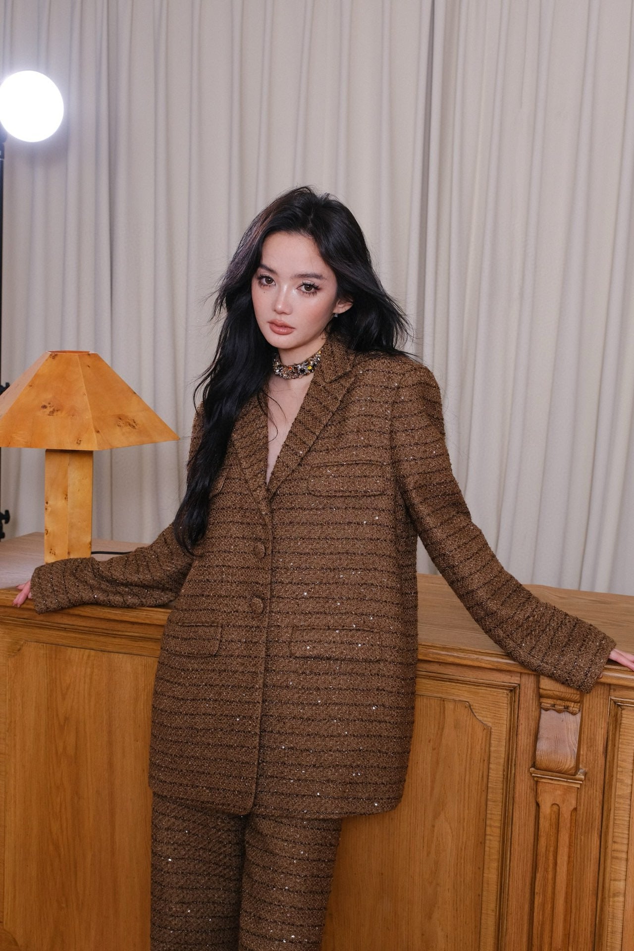 Maison Wester Purple Brown Sequined Chambray Jacket Pants