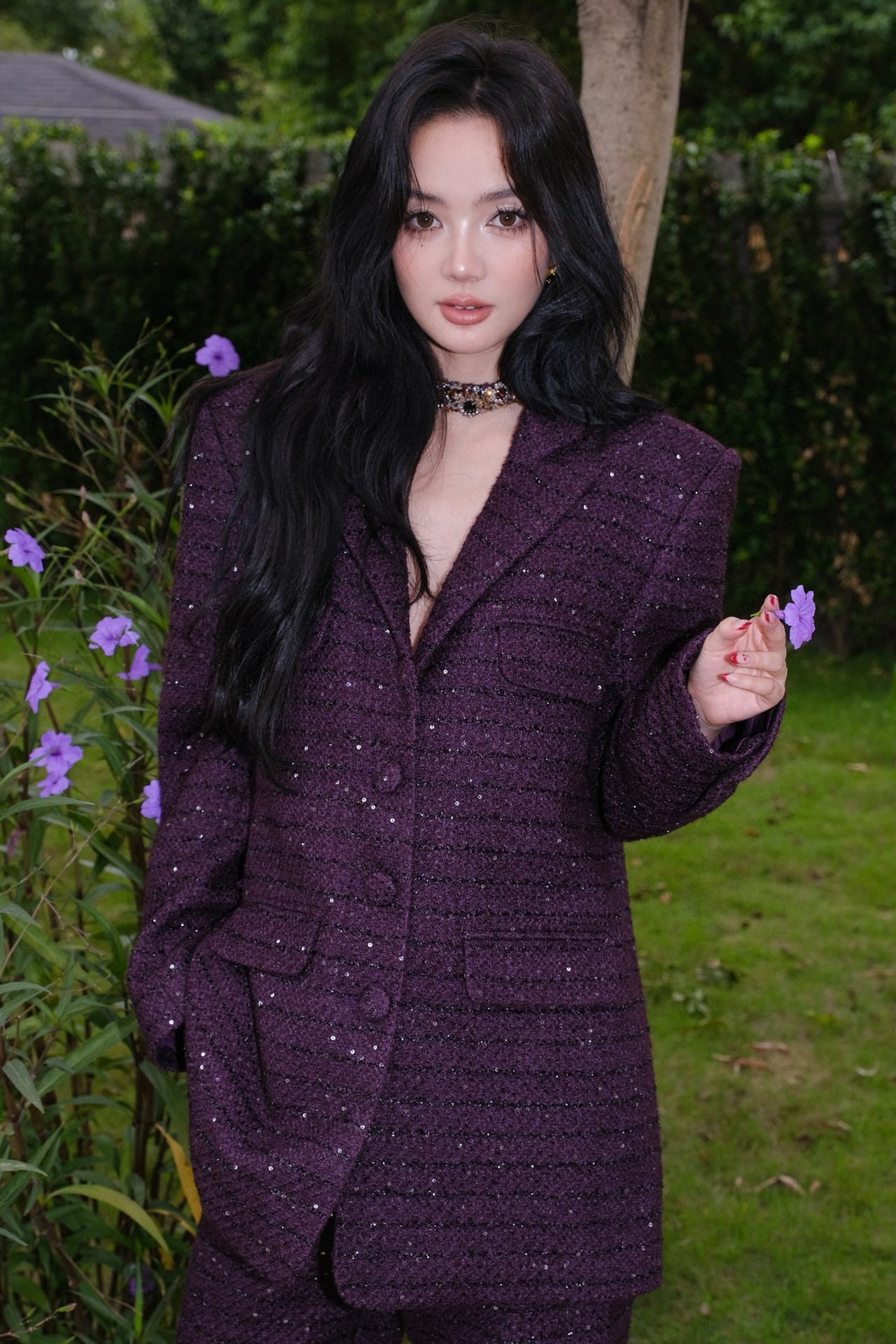 Maison Wester Purple Brown Sequined Chambray Jacket Pants