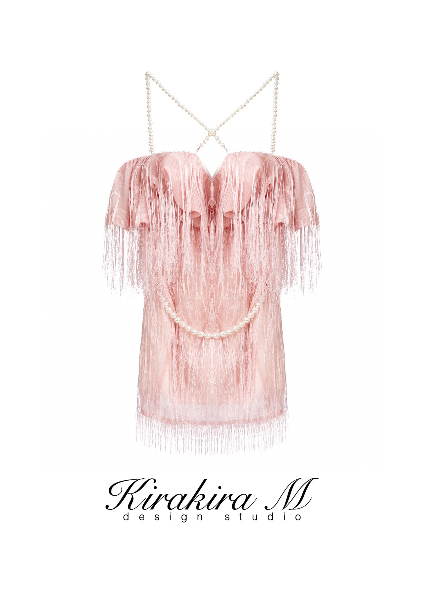 kirakira M Pink Fringed Backless Gown mini Dress