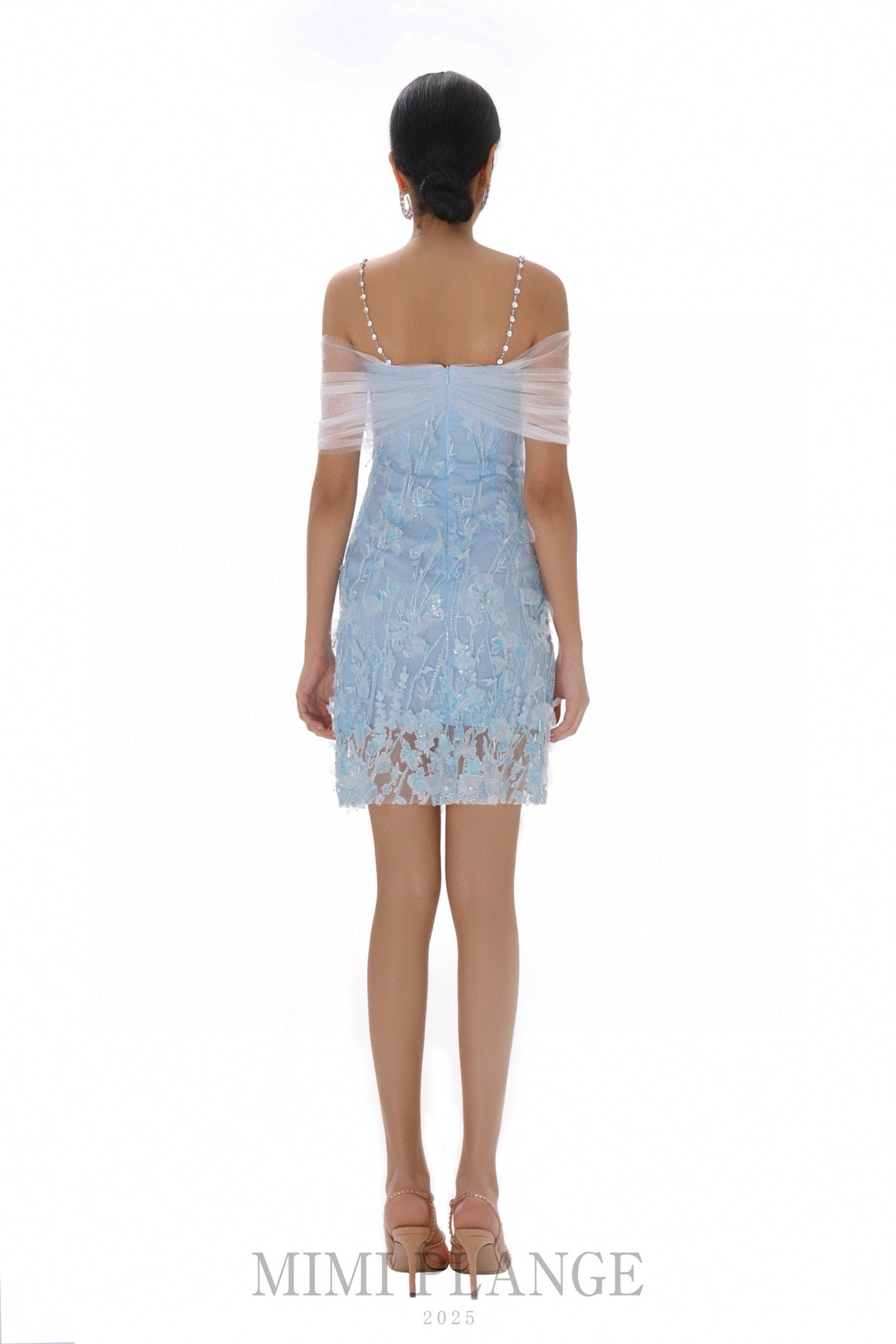 MIMI PLANGE Blue Lace One- shoulder Mini Dress