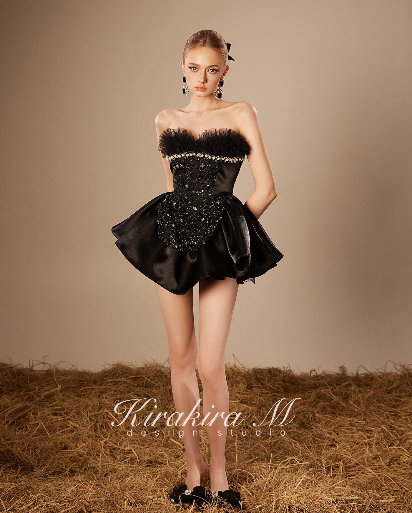 Black Tulle Ruffle Pearl Trim Sequin Corset Satin Puff Mini Dress