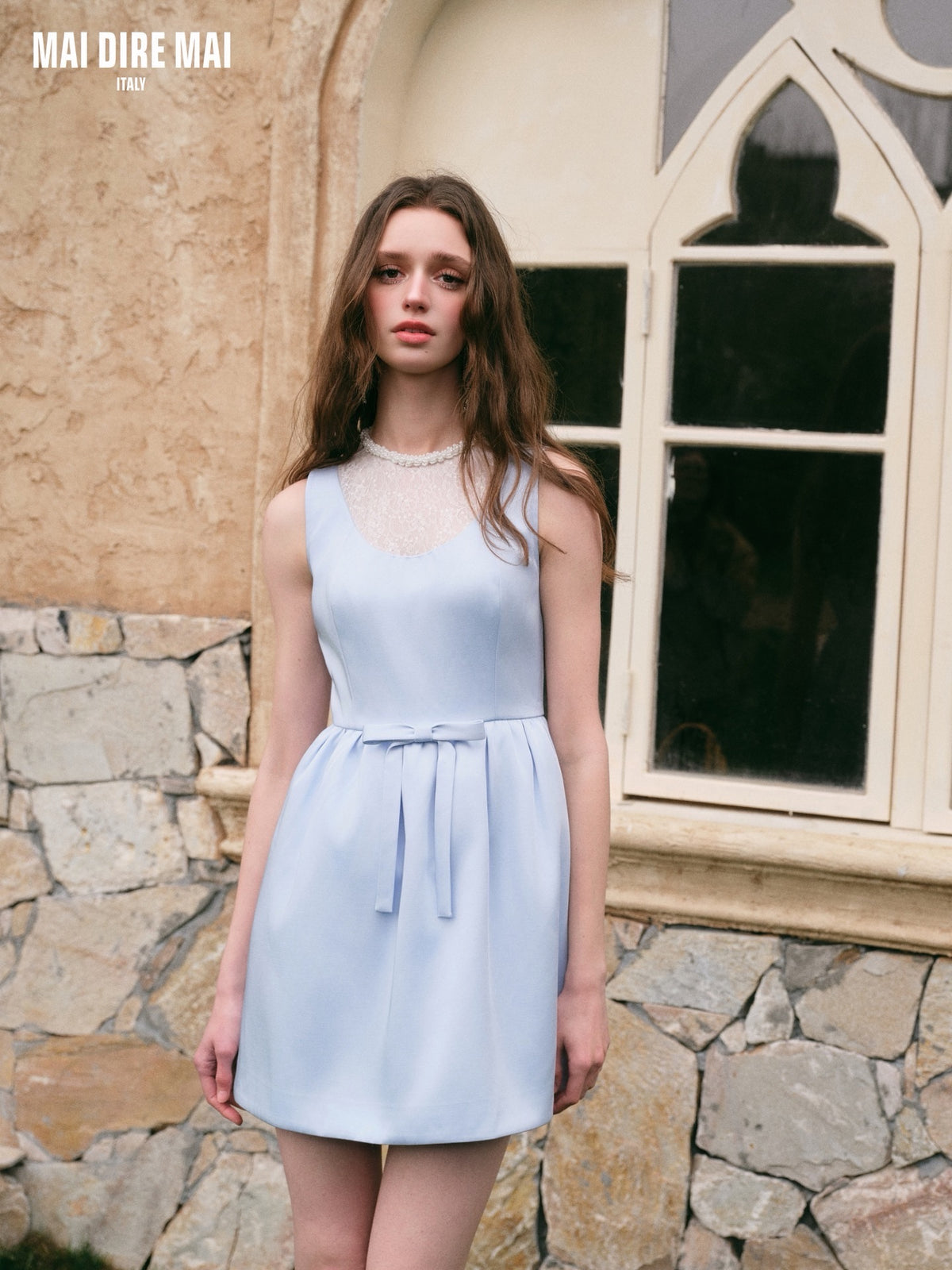 Blue Bow Waist Sleeveless Mini Dress