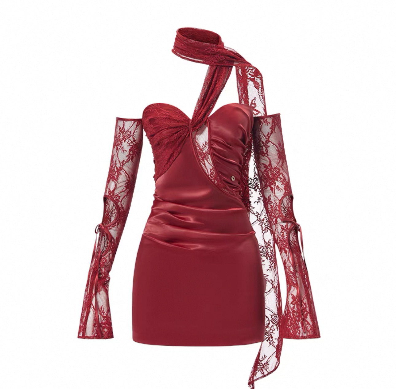 SHEERLUCK Nude & Red lace mini dress