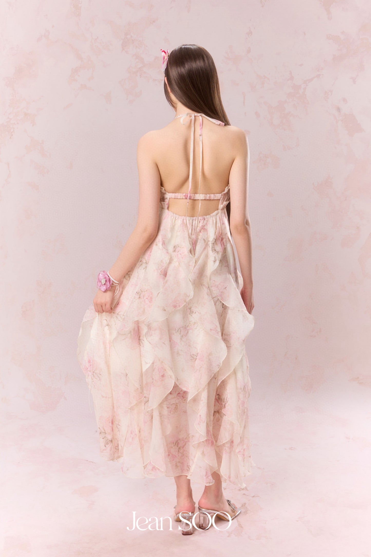 JEAN SOO Pink Patchwork Hemline Neckline Maxi Dress