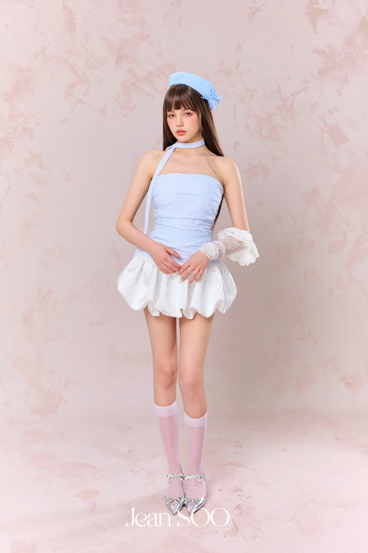 JEAN SOO Blue Drawstring Ruffle Pod Mini Dress