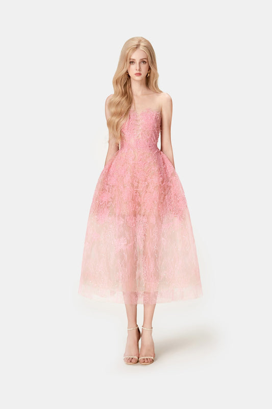 MONTSAND Pink Beaded Lace Midi Dress