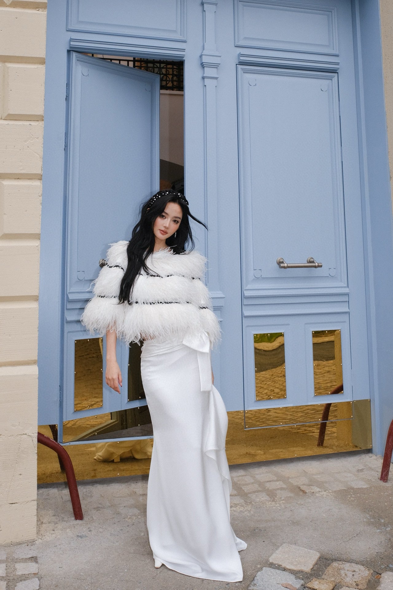 Maison Wester White Ostrich Fur Shawl Maxi Dress
