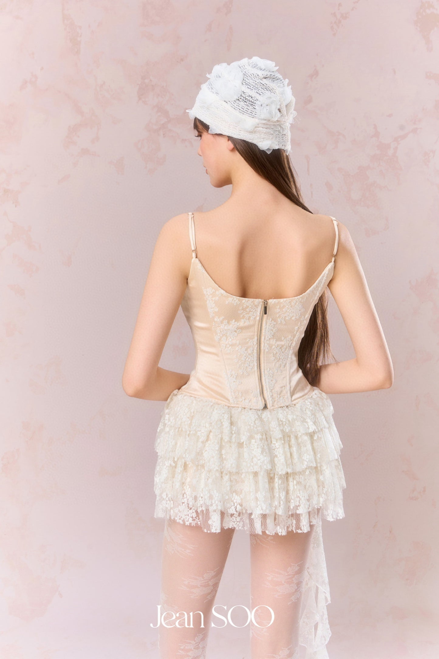 JEAN SOO Cream Lace Fishbone Top & Cake Mini Skirt