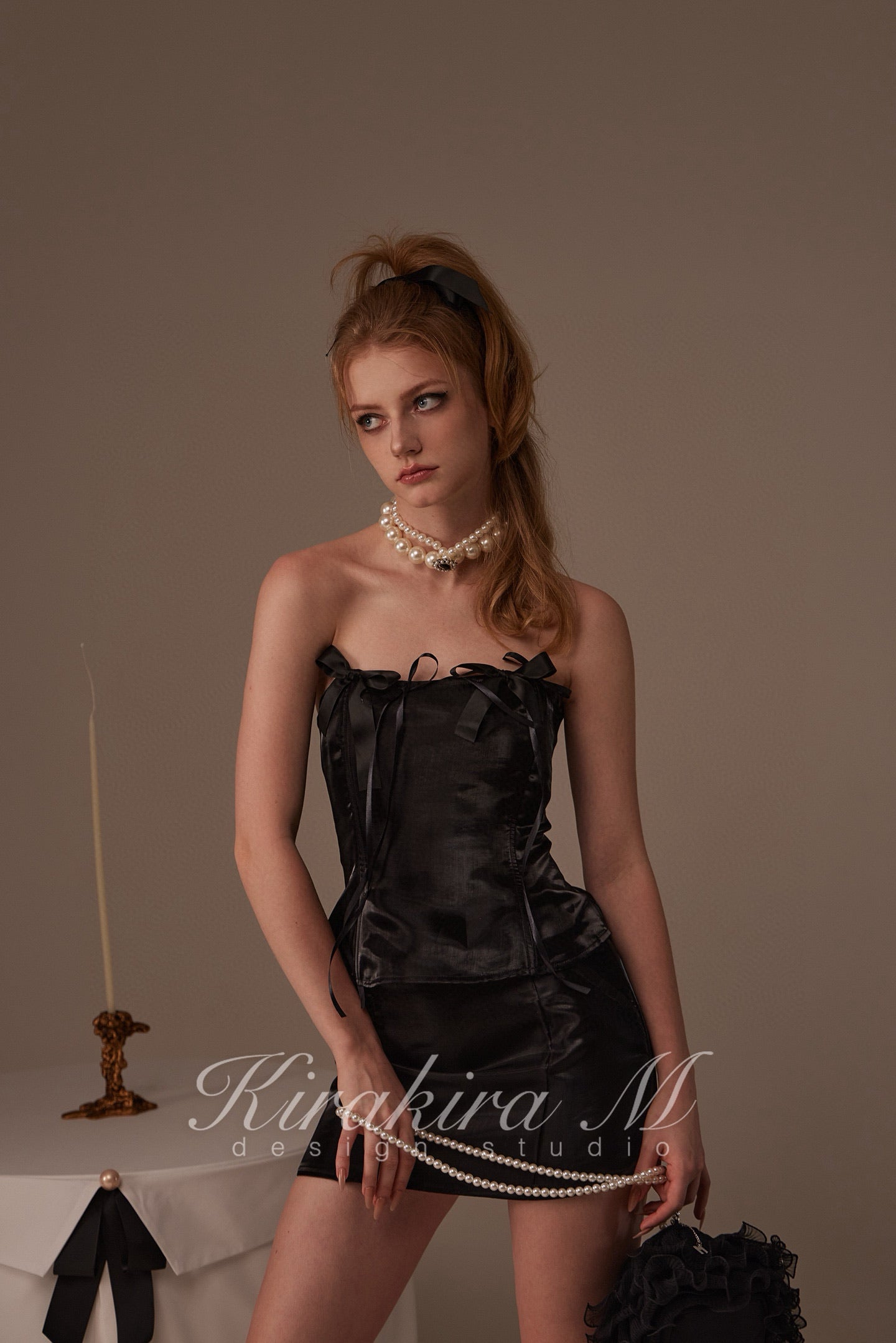Kirakira M Black Glossy Bow Top & Low Waisted Wrap Hip Half Skirt