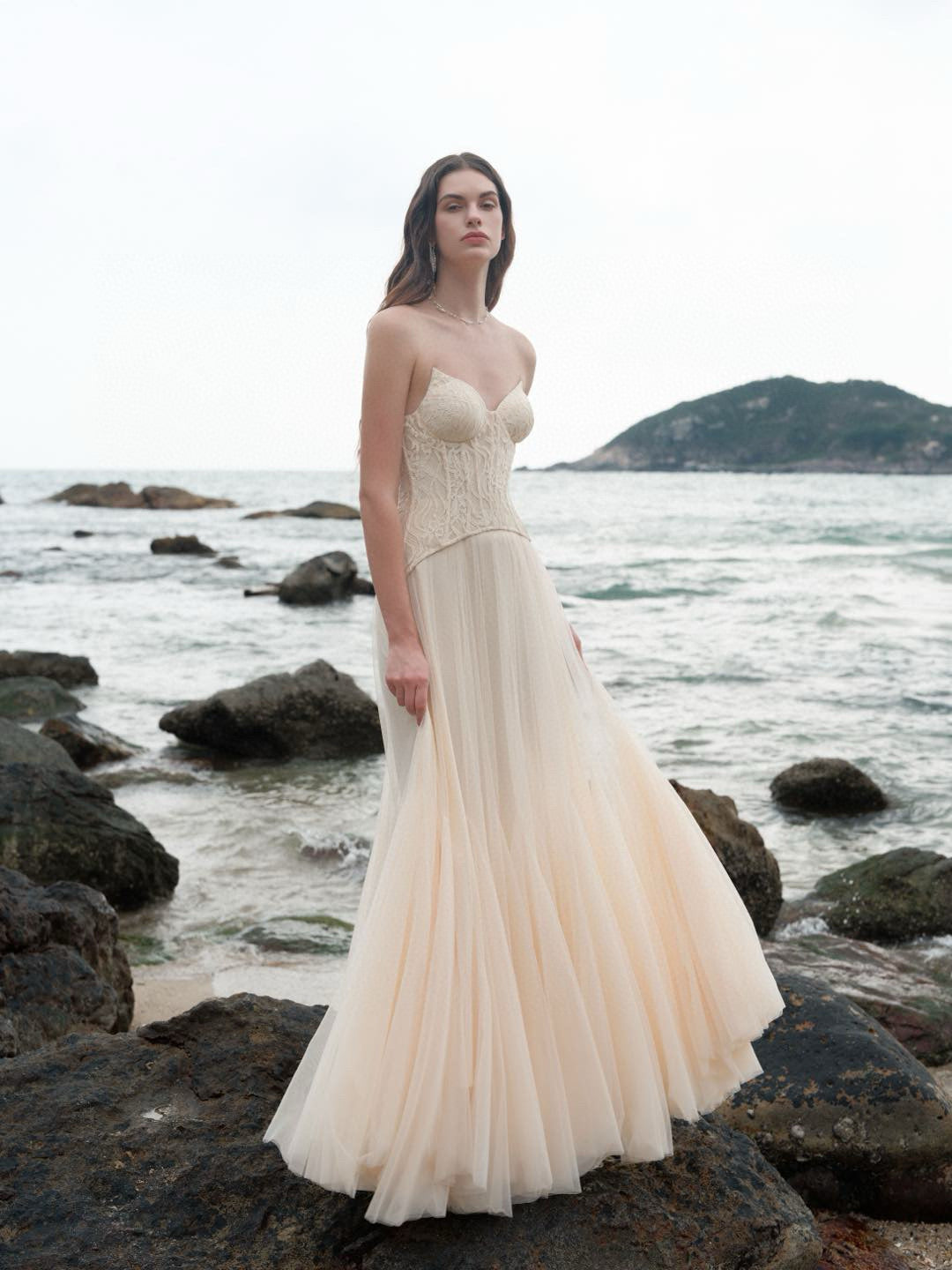 SHEERLUCK White& Pink Wave Lace Fishbone Maxi Dress