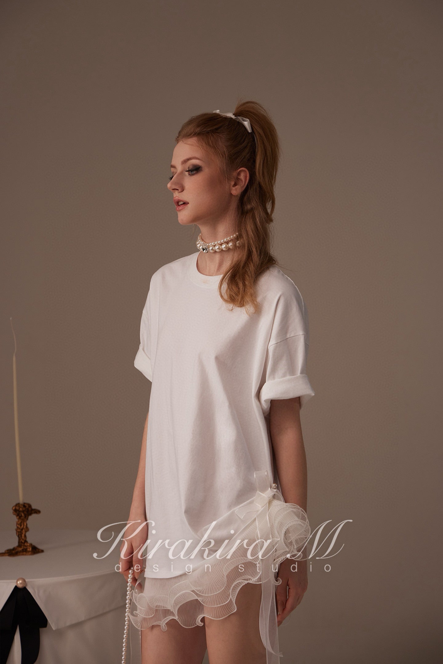 Kirakira M White & Black Bow Top& Lace Shorts& Lace Low Rise Pants