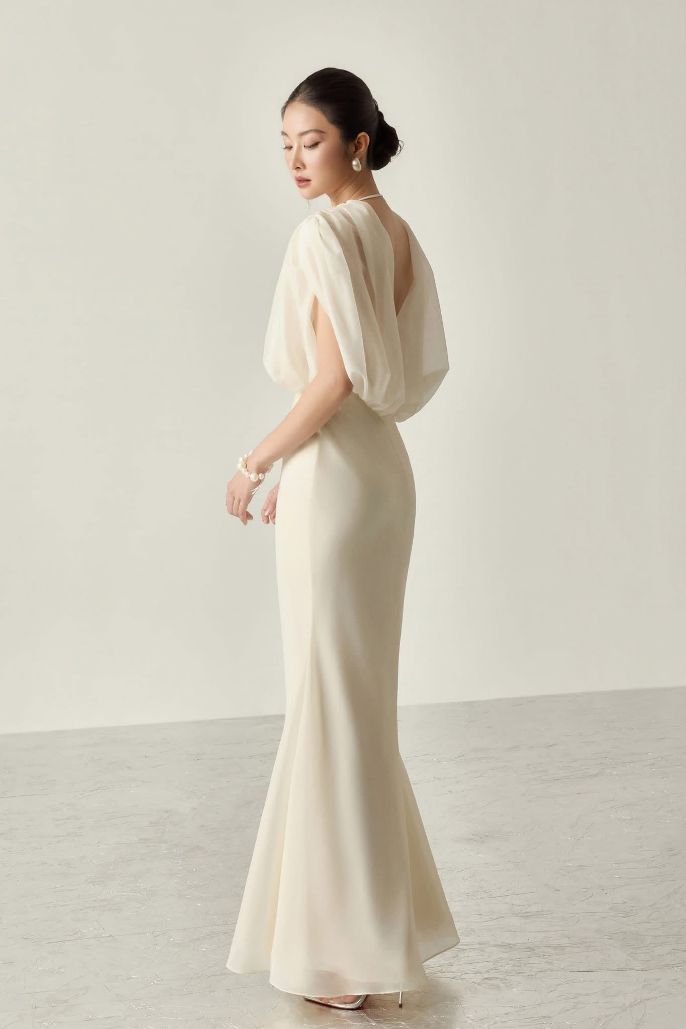 White Clio Sheer Ruched Maxi Dress
