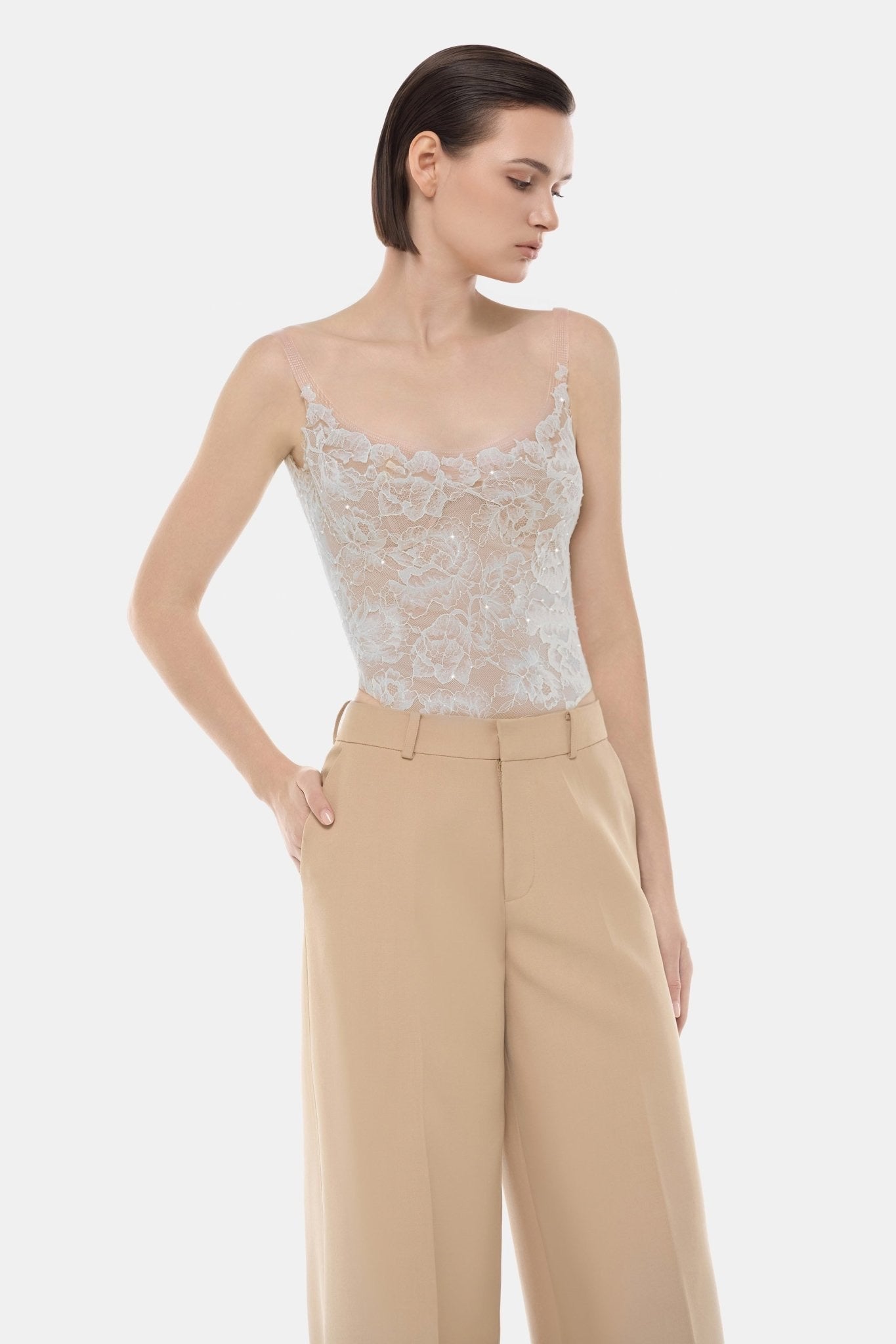 MONTSAND Nude Vacation Elegant Sheer Lace Top