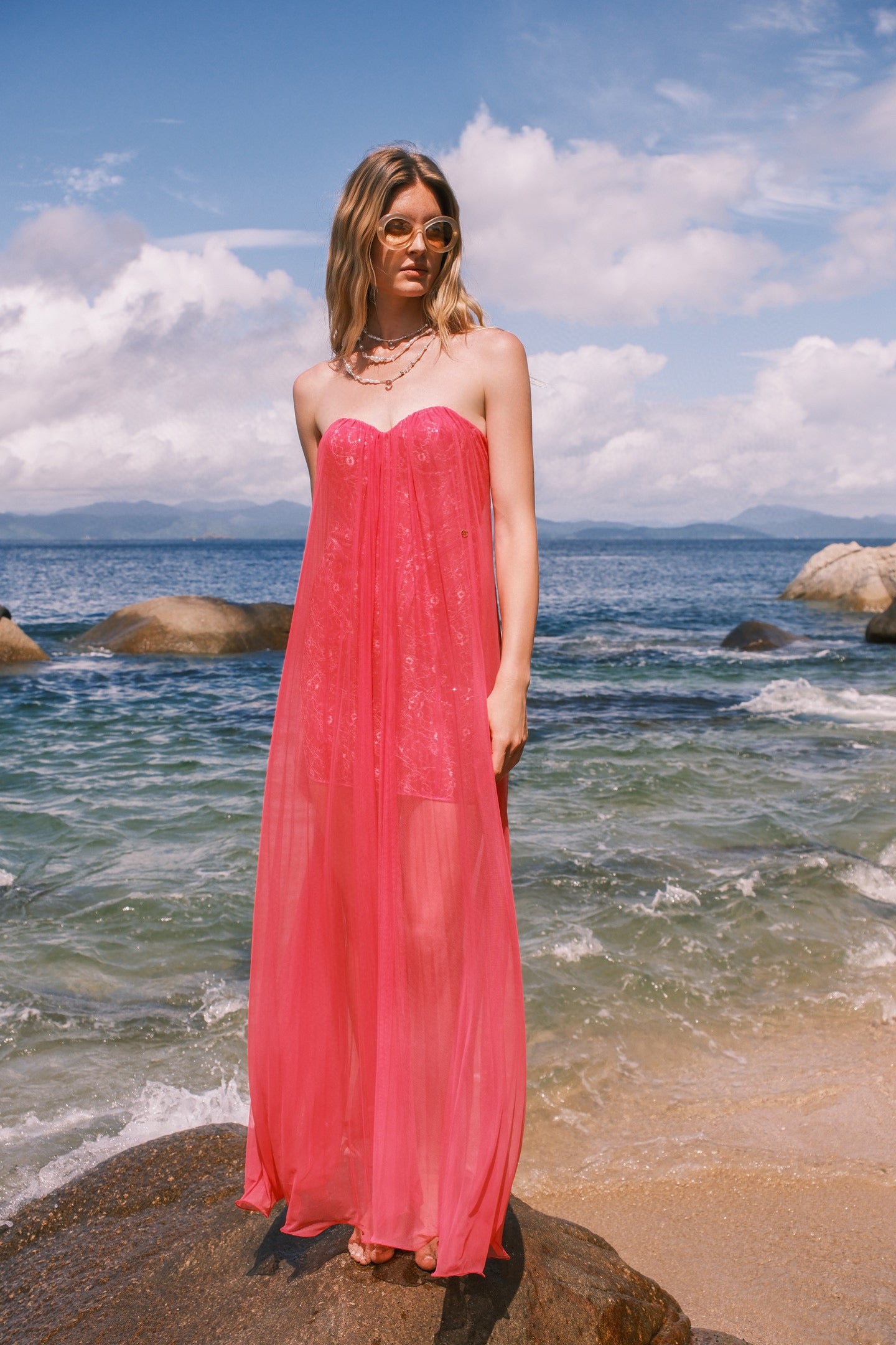 SHEERLUCK BRIGHT PINK MAXI VACATION DRESS