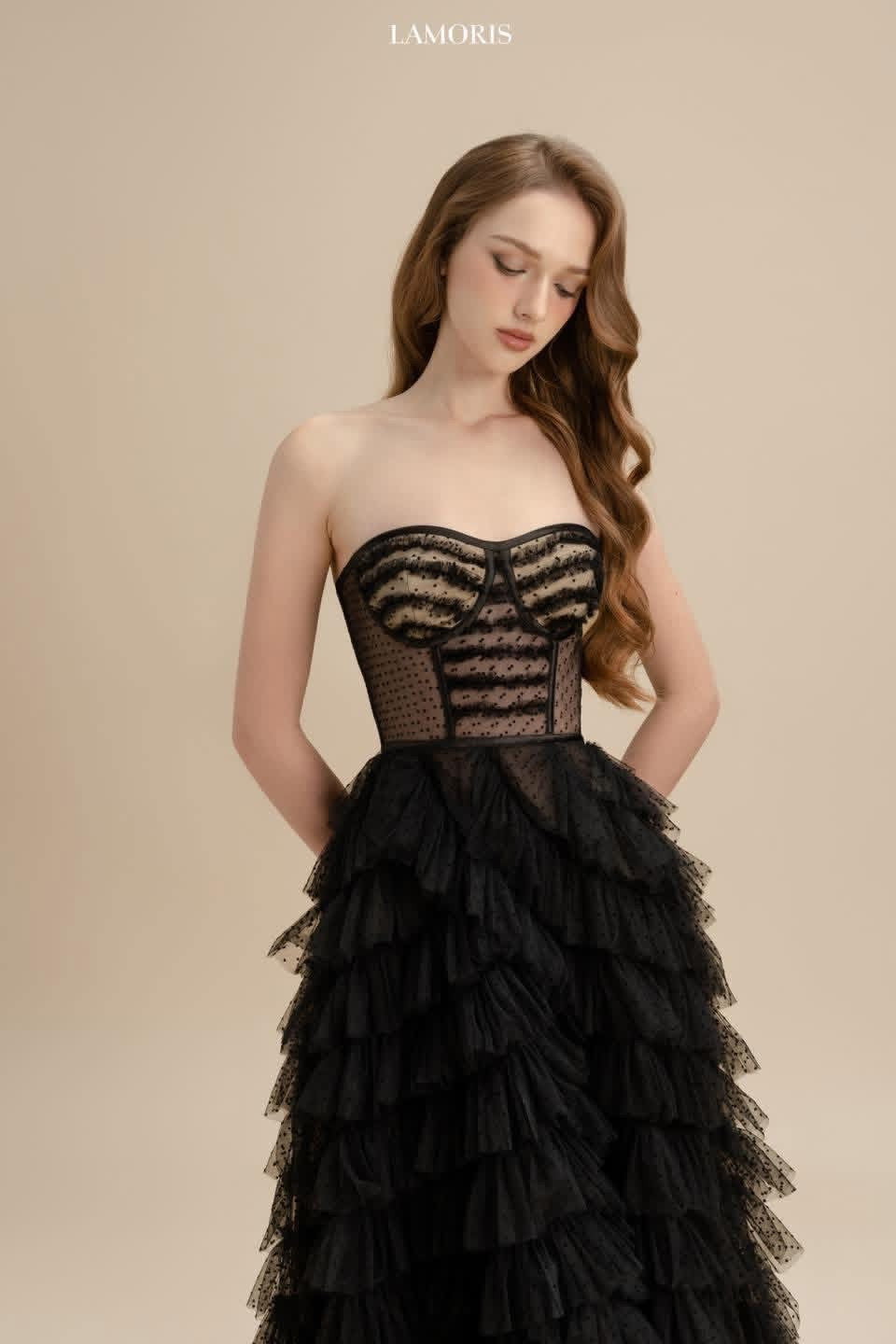 LAMORIS Black Layer Mesh Velvet Midi Dress