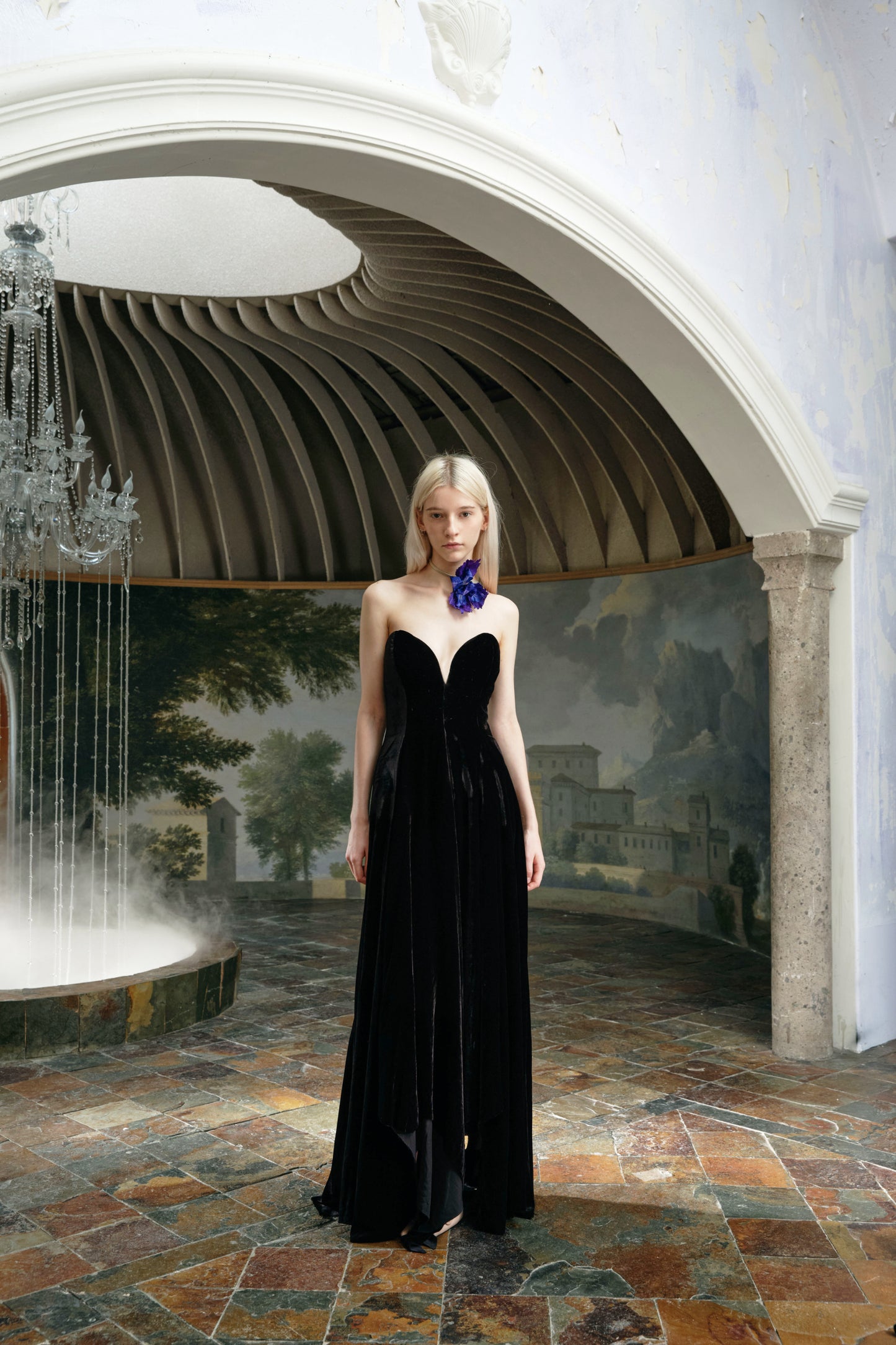 Black Velvet Bustier Deep V Floral Choker Waisted Maxi Gown