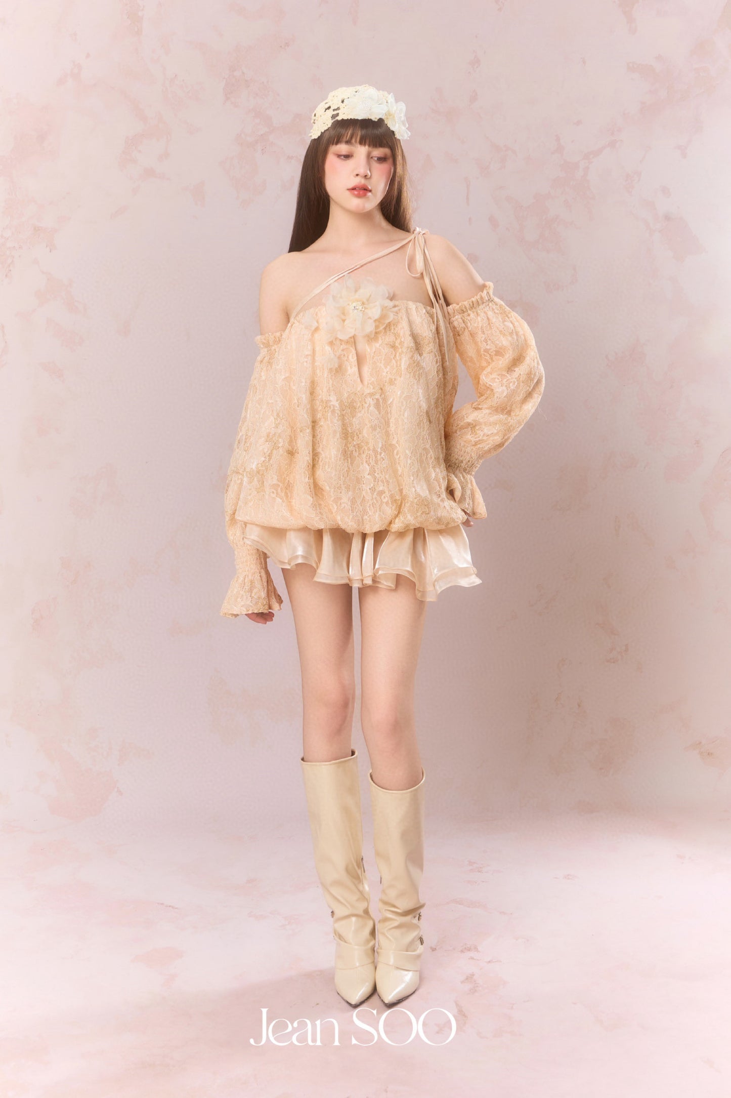 JEAN SOO Nude Lace One Shoulder Mini Dress