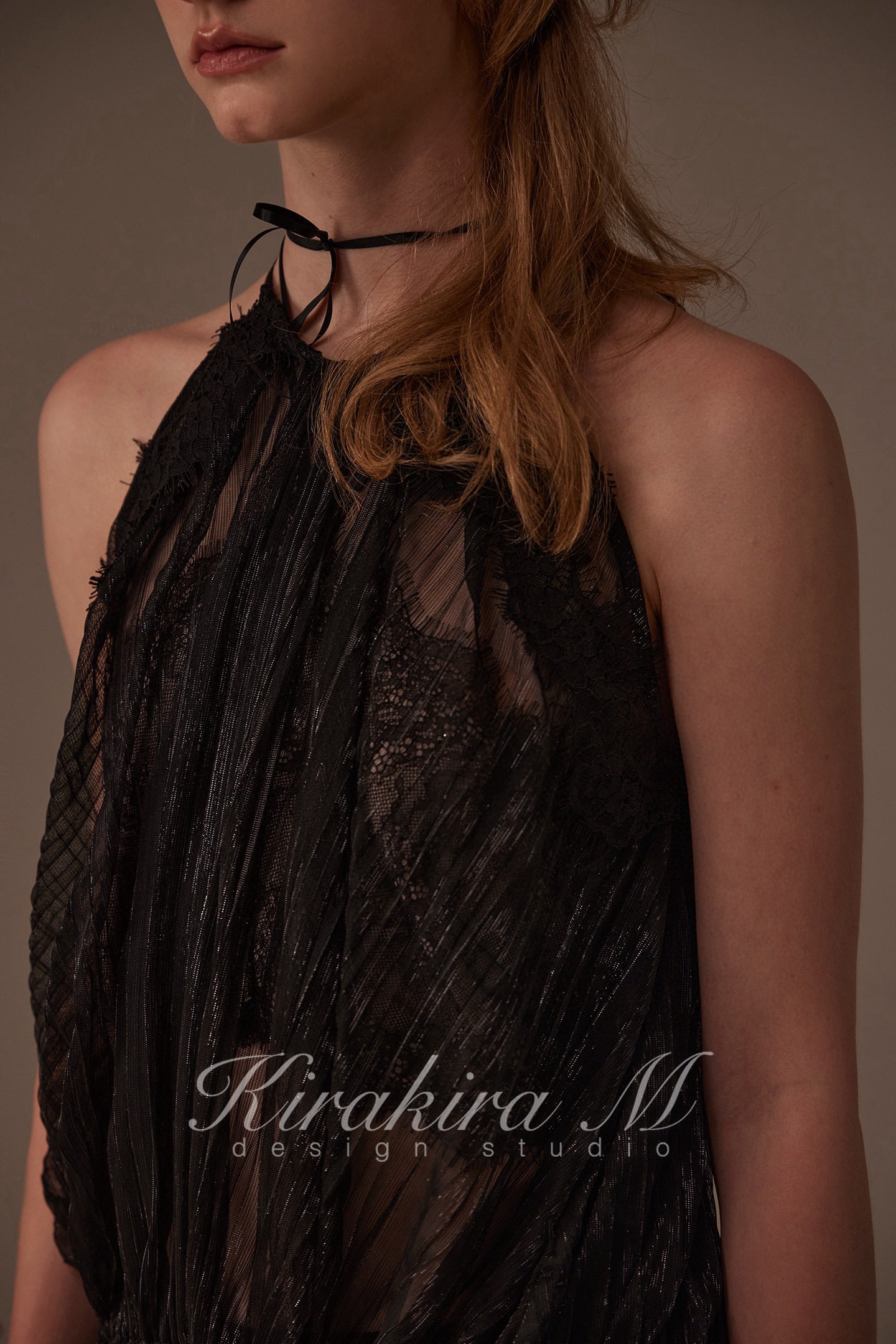 Kirakira M Black Shiny Silk Pleated Lace Hanging Neck Top & Lace Low Rise Trousers & Lace Shorts