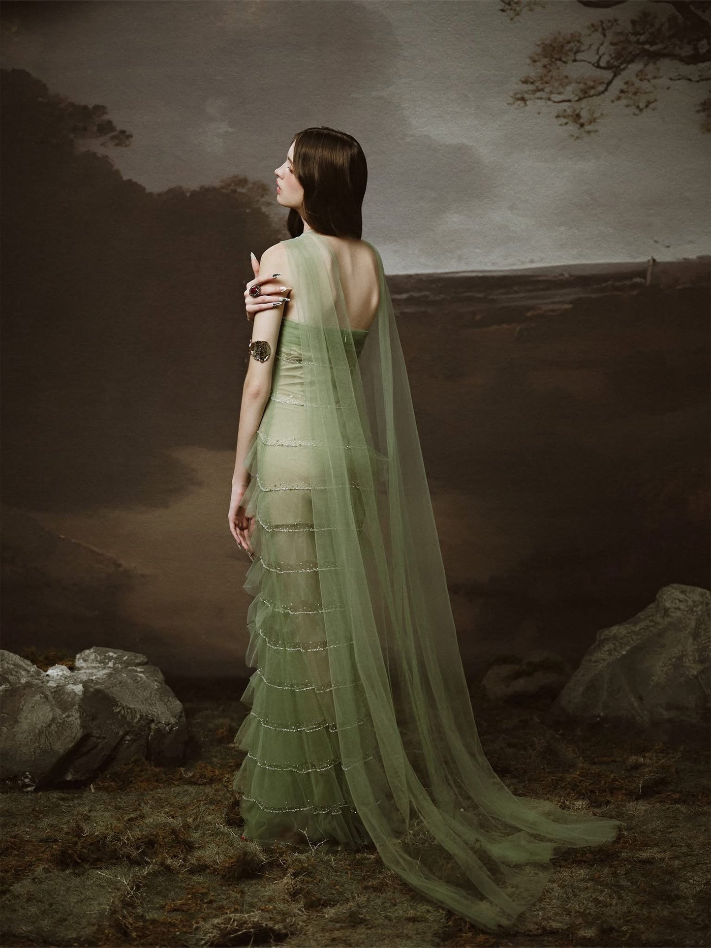 LINH PHUNG Green Sabrina Maxi Dress
