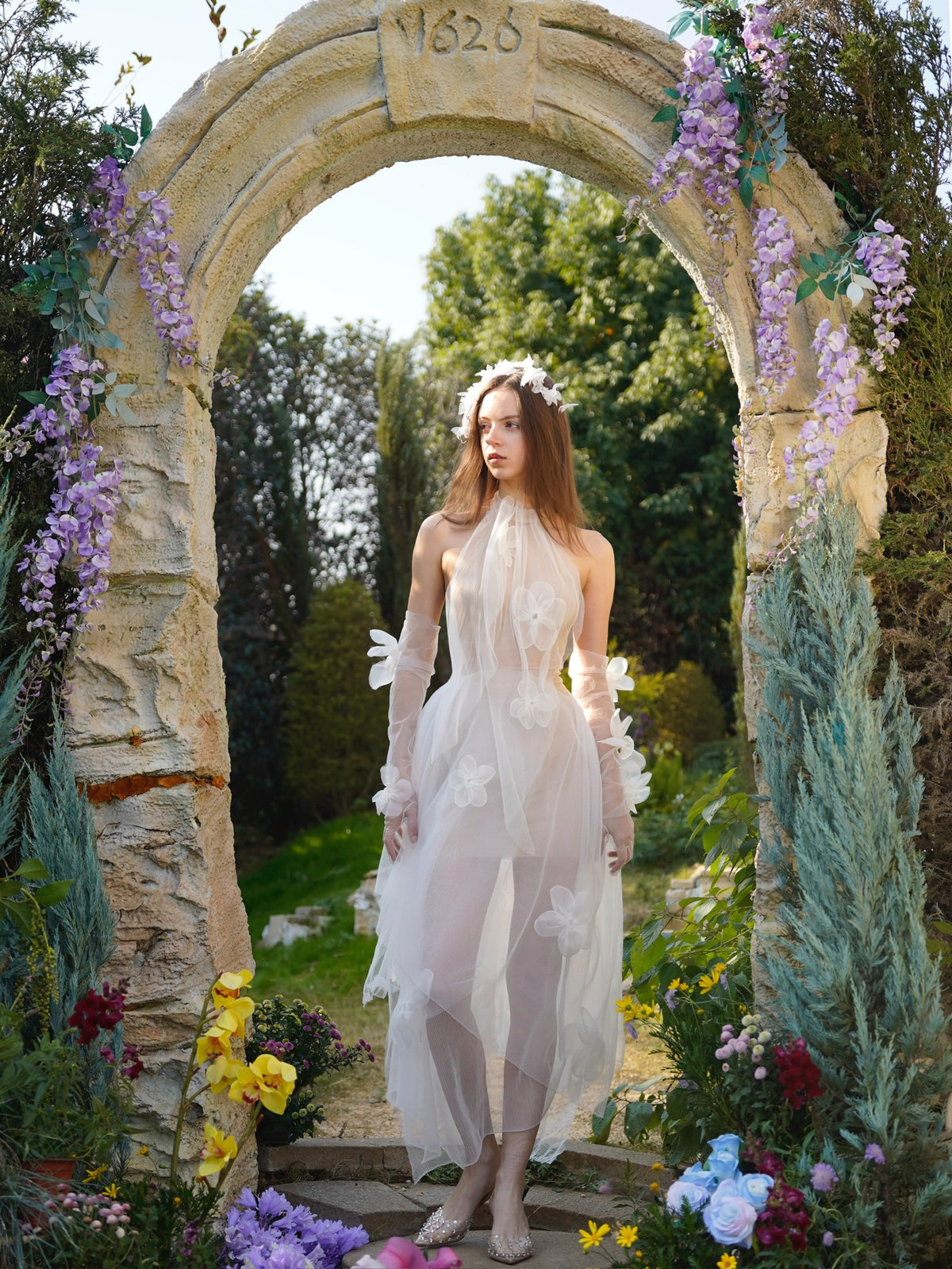 White Halter 3D Floral Sheer Tulle Midi Dress