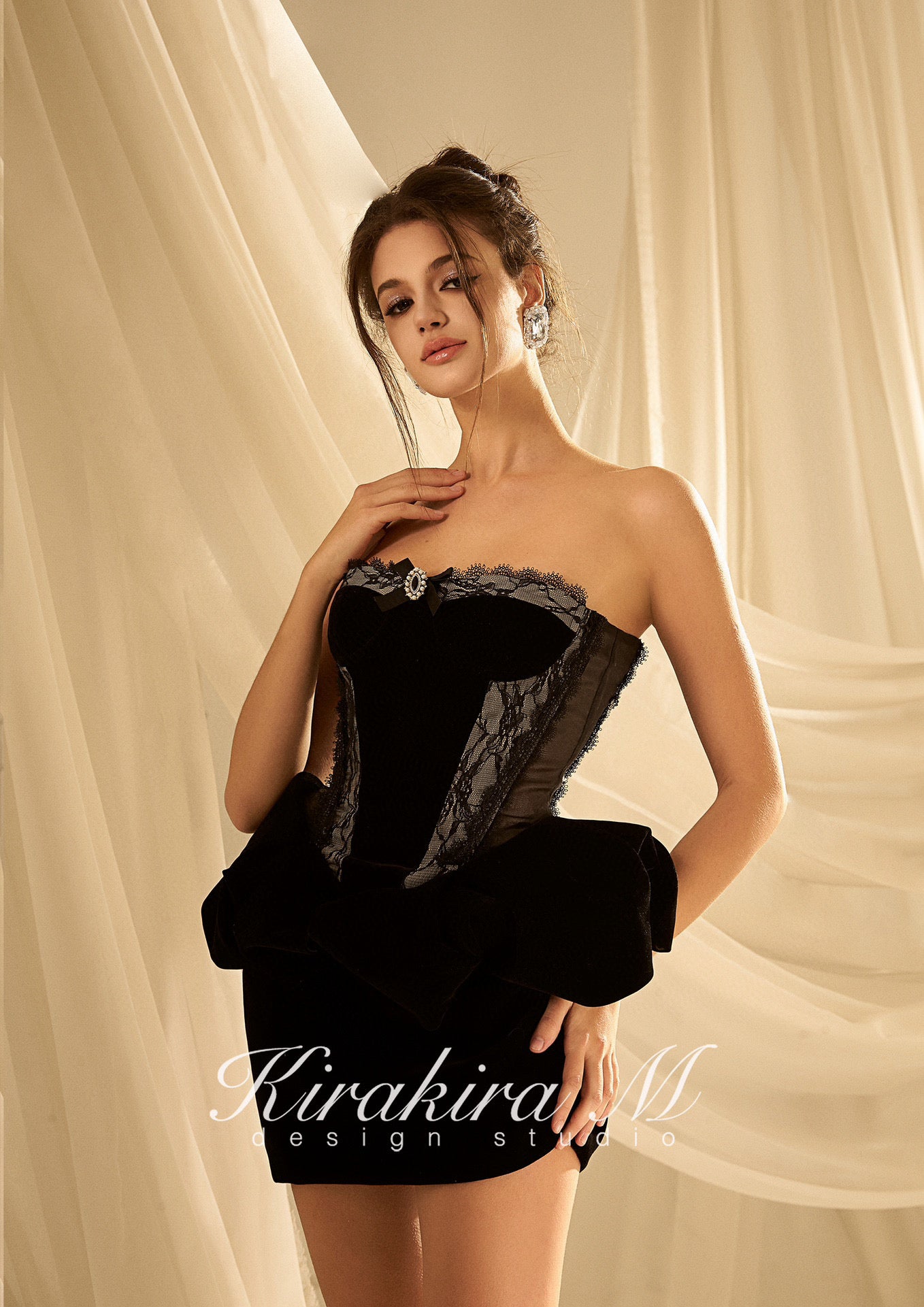 KIRAKIRA M Black velvet strapless mini dress with laced detail