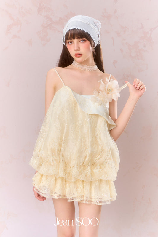 JEAN SOO Yellow Lace Flower Mini Dress