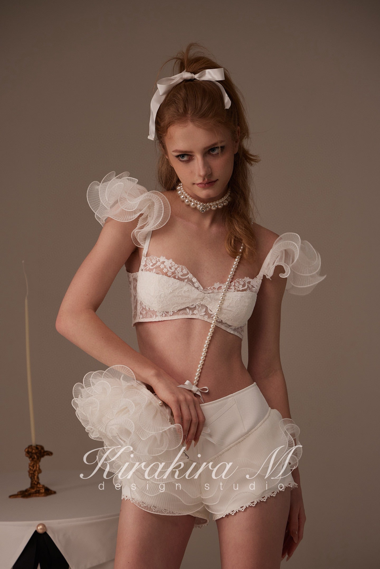 Kirakira M White Lace Patchwork Lace Top & Shorts