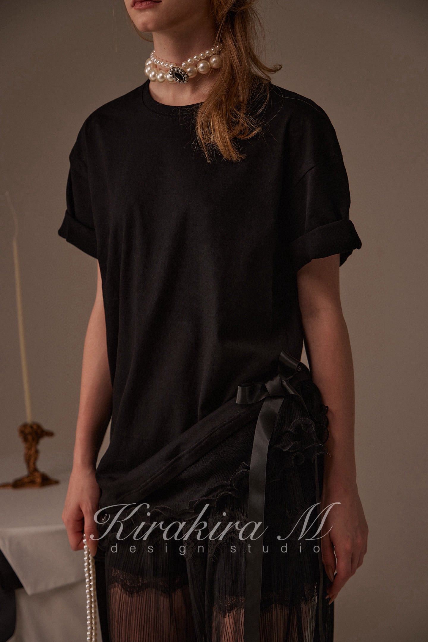 Kirakira M White & Black Bow Top& Lace Shorts& Lace Low Rise Pants
