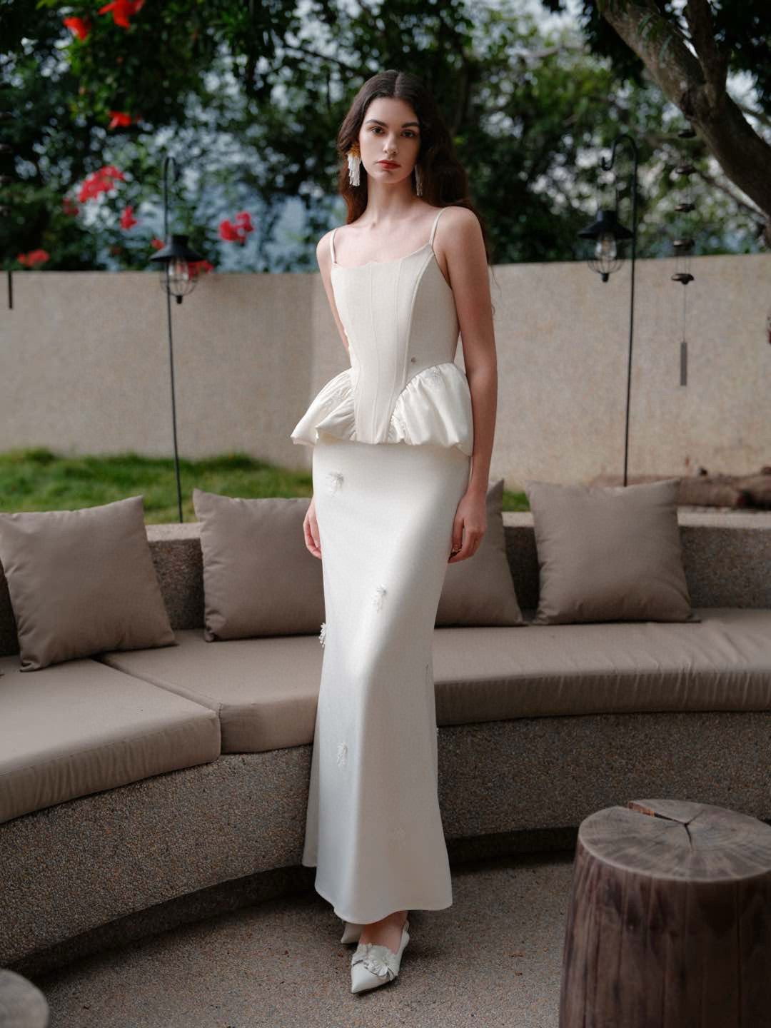 SHEERLUCK White Zali Satin Set Satin Top& Skirt