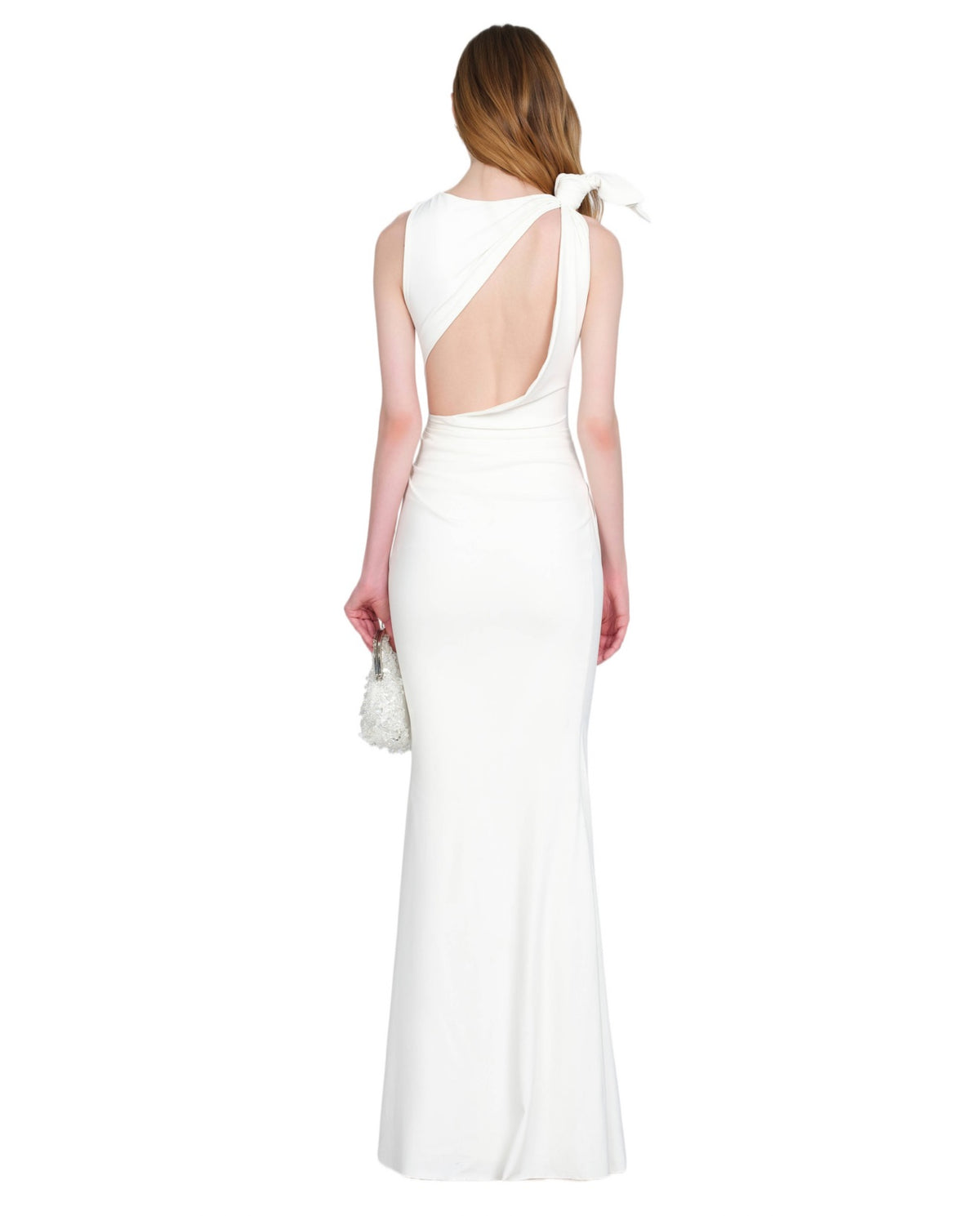 White Sleeveless Asymmetric Shoulder-Knot Draped Fitted Tya Maxi Dress