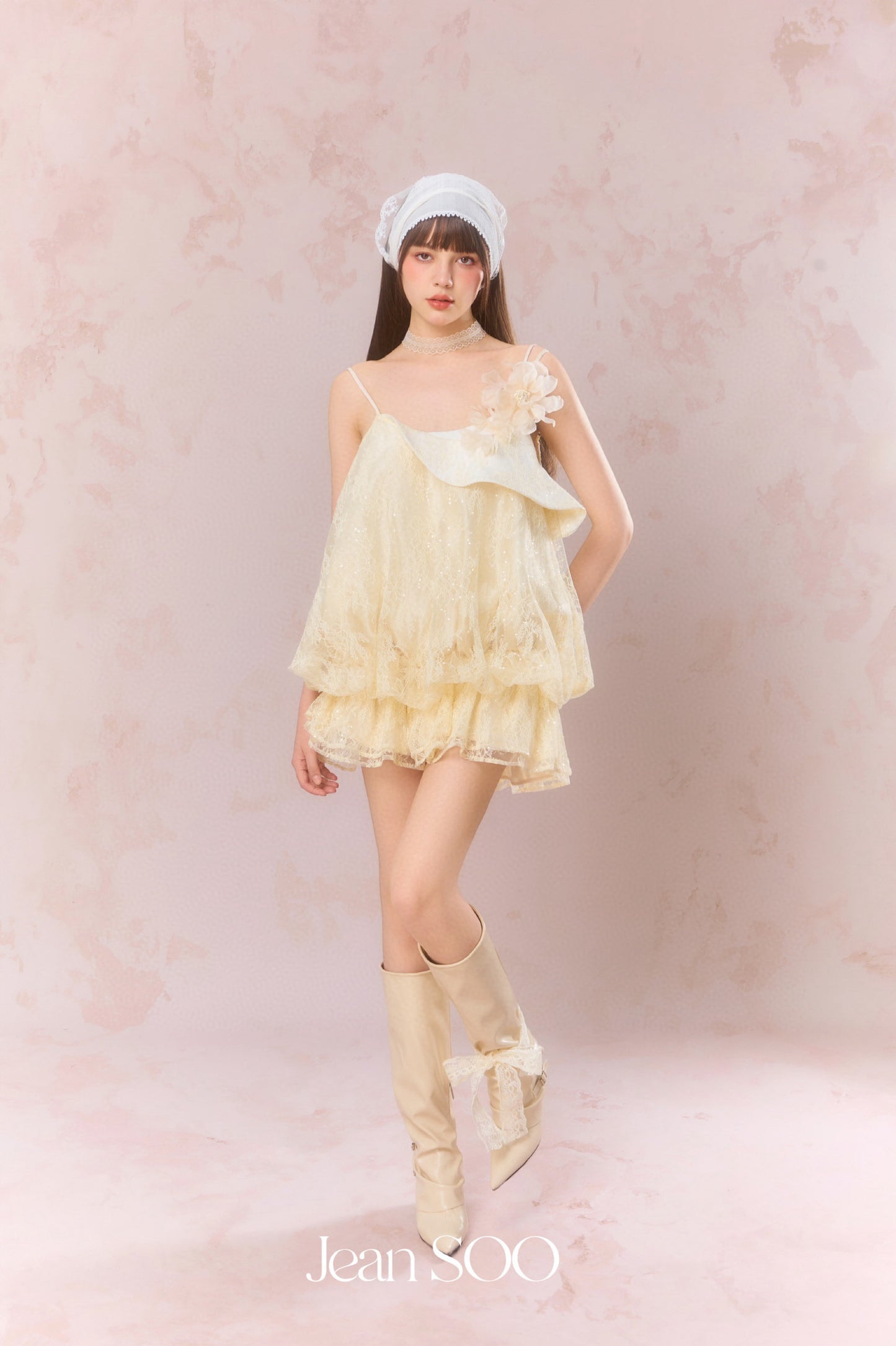 JEAN SOO Yellow Lace Flower Mini Dress