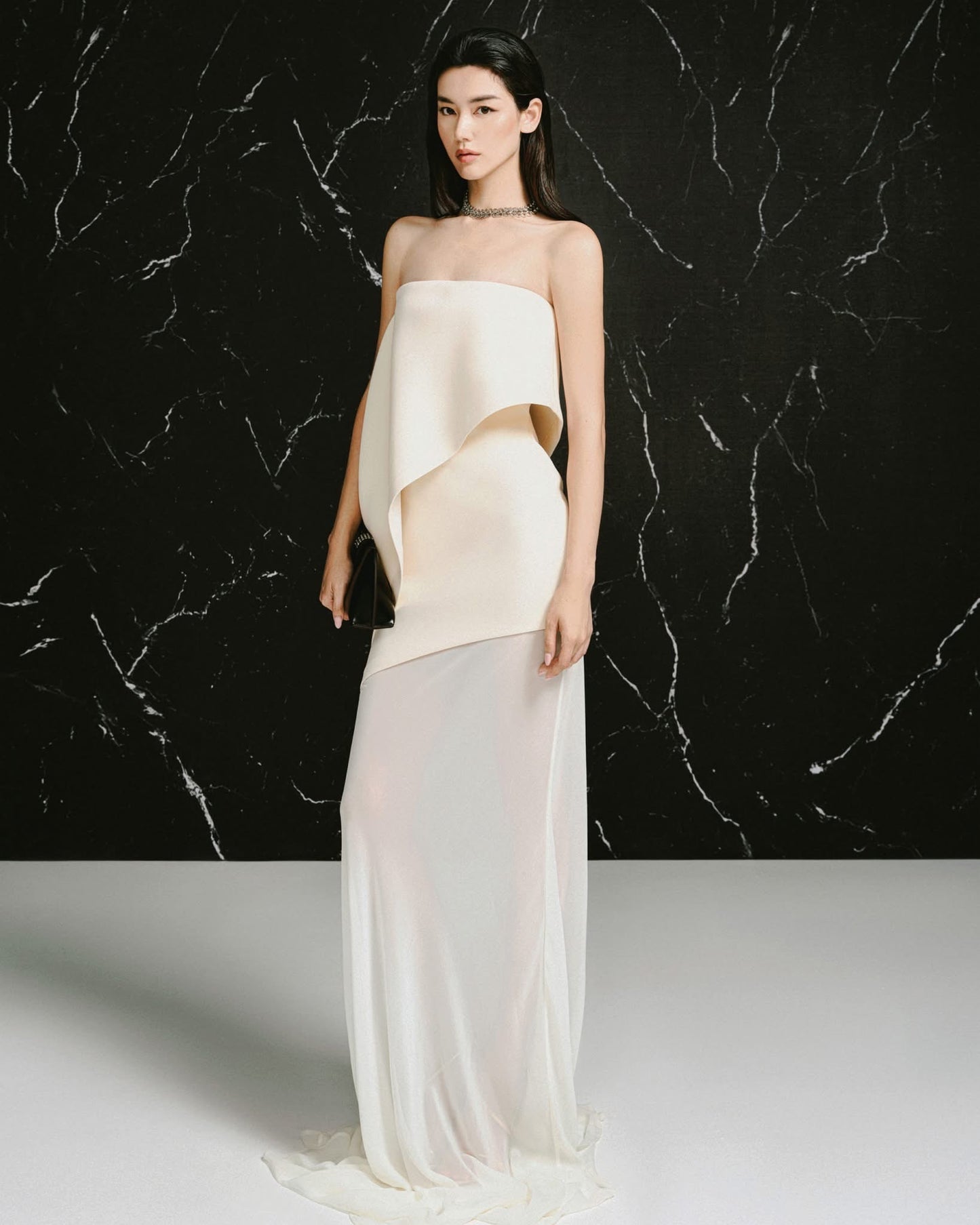 LANE JT Elegant Minimalist White Cece Chiffon Tail Maxi Dress