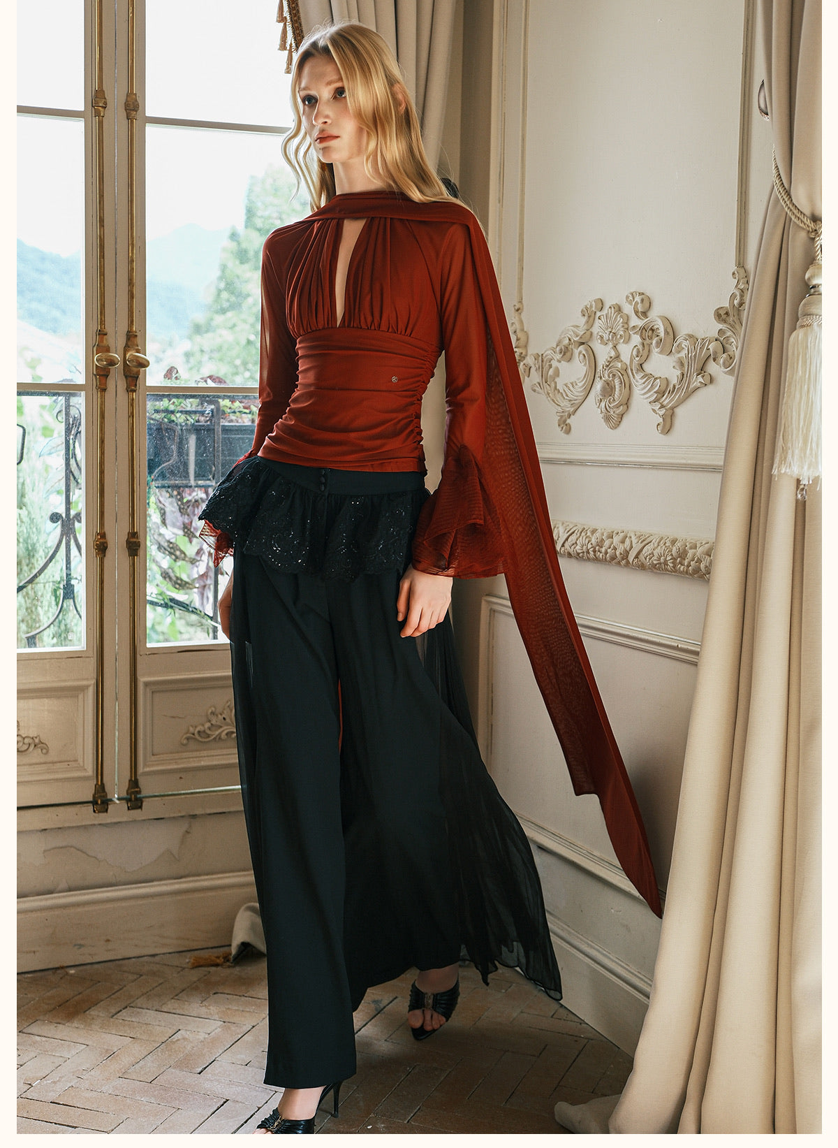 SHEERLUCK Black Nina Halterneck V-neck Ribbon Top