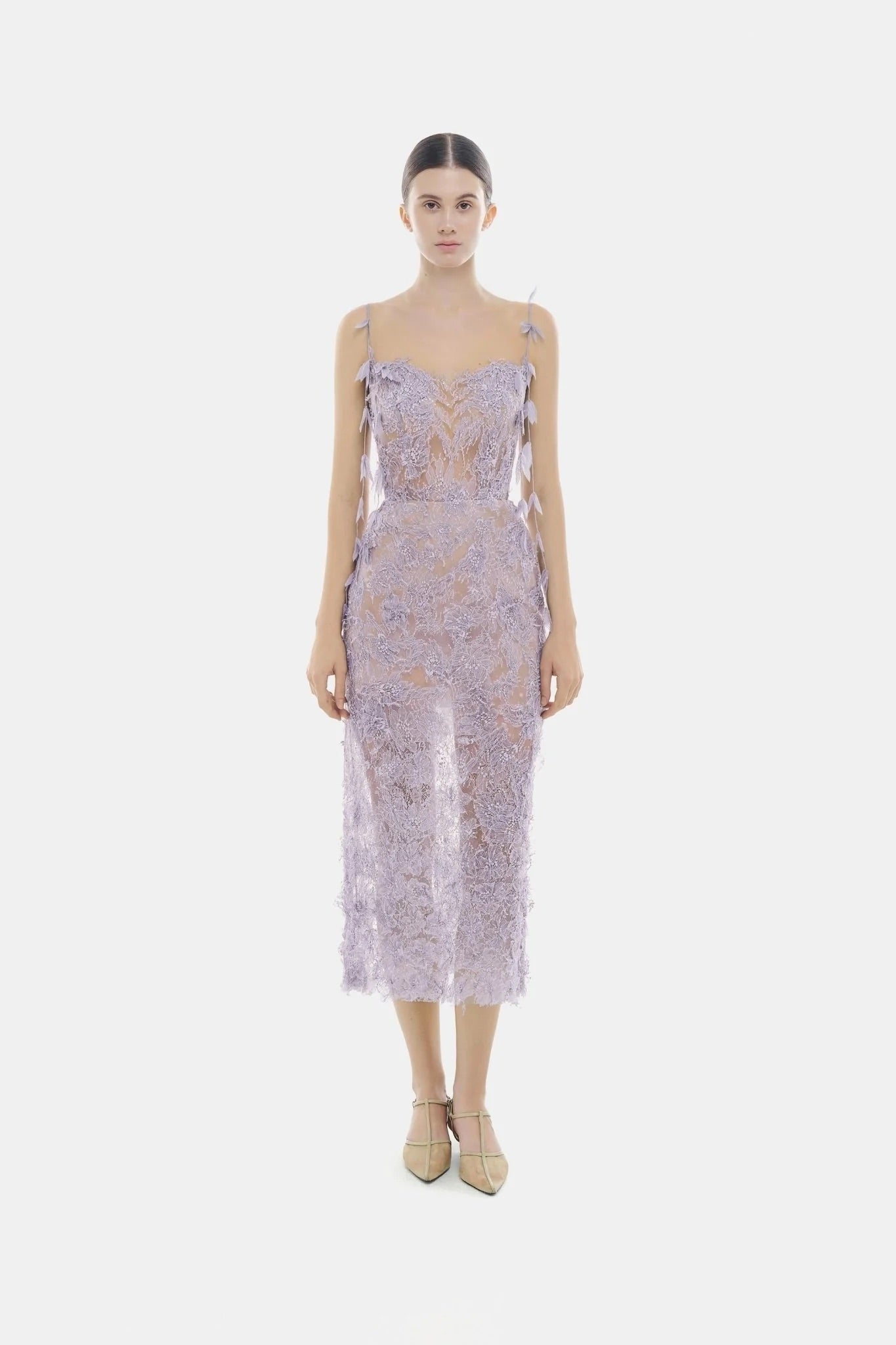 MONTSAND Purple Beaded Lace Pencil Dress