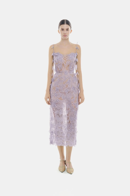 MONTSAND Purple Beaded Lace Pencil Dress